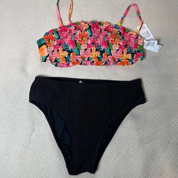 Cupshe Floral Smocked Bikini Set w/ Black Ribbed High Waist Cheeky Womens Small - Picture 1 of 11